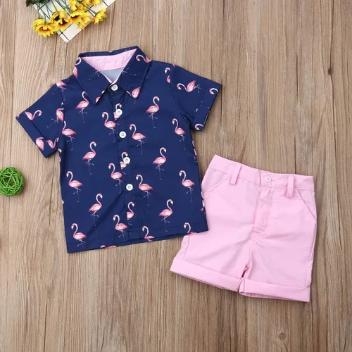 Vista 7 de Conjunto de camisa de manga corta con botones y pantalones cortos casuales con diseño de flamingo, para bebés y niños de 1 a 6 años, atuendos