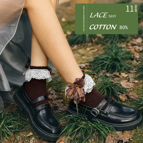 Vista 2 de SEMOHOLLI Calcetines de tobillo para mujer calcetines de encaje con volantes y volantes cómodos calcetines de princesa