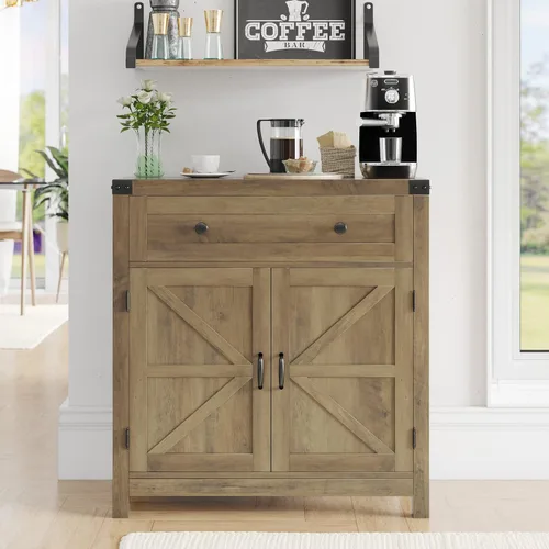 Vista 4 de HOSTACK Coffee Bar Cabinet, Kitchen Storage Cabinet, Modern Farmhouse Buffet Sideboard with Drawer and Adjustable Shelf, Barn Door Accent Cabinets