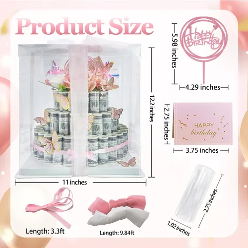 Vista 2 de Caja de regalo en efectivo, caja de regalo feliz, pastel de flores, regalo sorpresa para el día de San Valentín (rosa de tres niveles)