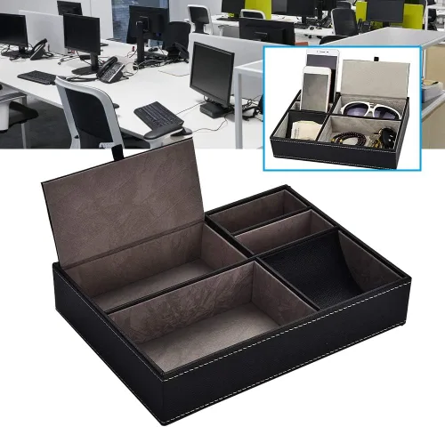 Vista 6 de Wisecoco Organizador de escritorio de piel sintética, organizador de escritorio, artículos de oficina de negocios, caja de almacenamiento con 5