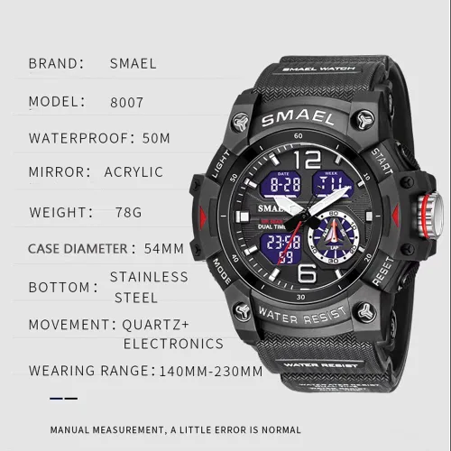 Vista 5 de SMAEL Reloj de pulsera militar para hombre, resistente al agua, para exteriores, deportivo, con fecha, multifunción, LED, con alarma y cronómetro
