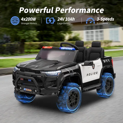 Vista 4 de Hikiddo Coche eléctrico de policía para niños de 2 plazas, juguete de paseo de 24 V 10 AH para niños grandes con control remoto, motores de 4 x 200