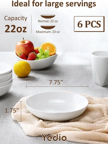 Vista 2 de Tazones para pasta, cuencos de sopa de ensalada blanca de 22 onzas, cuencos grandes para pasta, platos de pasta de porcelana, cuencos anchos y poco