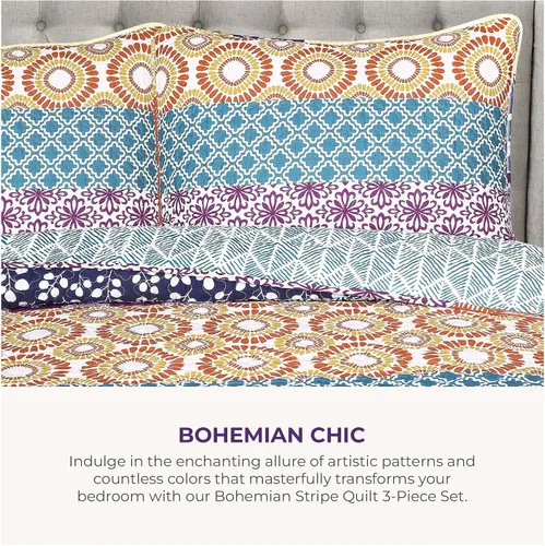 Vista 2 de Lush Decor - Juego de ropa de cama de 3 piezas, colorido diseño bohemio a rayas, reversible