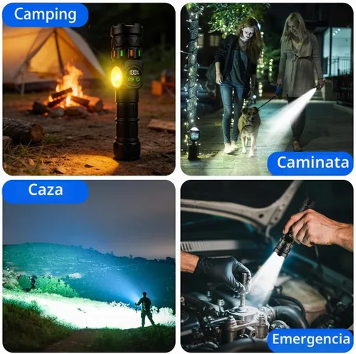Vista 8 de Linternas recargables de alto lúmenes 5000 de larga distancia, luces LED superbrillantes con luz lateral COB pantalla LCD USB C, fuente de luz dual