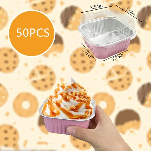 Vista 8 de 50 tazas cuadradas de papel de aluminio para hornear con tapas, moldes desechables de 5 onzas para tartas, recipientes para hornear cupcakes