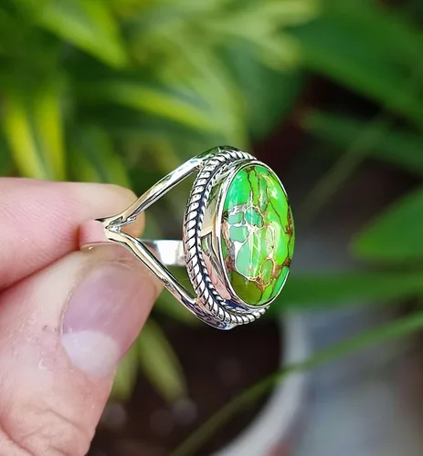 Vista 5 de Navya Craft Green Copper Turquoise Ring, 925 Sterling Silver Statement Promise Ring for Women, Natural Turquoise Oval Gemstone Handmade Boho