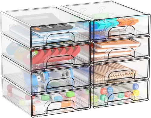 Vista 11 de Yieach Cajones de almacenamiento apilables transparentes de 2.2 pulgadas de alto, paquete de 4 cubos de organización y almacenamiento, organizador
