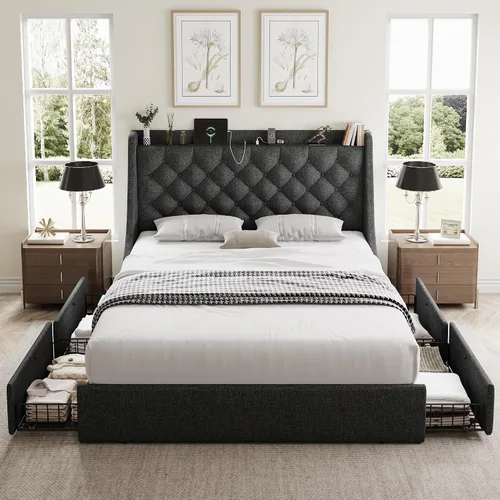 Vista 11 de GalnFu Marco de cama de tamaño completo con 4 cajones de almacenamiento, cabecera tapizada grande tipo wingback, estación de carga rápida,