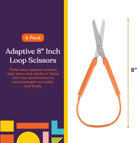 Vista 5 de Special Supplies Tijeras de bucle para adolescentes y adultos de 8 pulgadas (paquete de 6) con bucles coloridos, diseño adaptativo, soporte derecho
