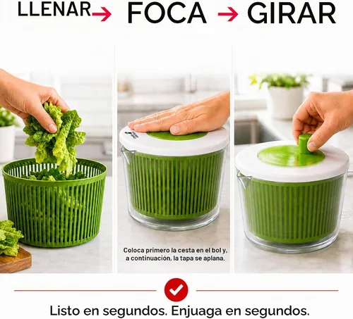 Vista 4 de Cooler Kitchen Pequeño plato giratorio para ensaladas, mini centrifugador y secadora de lechuga con tazón de taza medidora, lavadora compacta