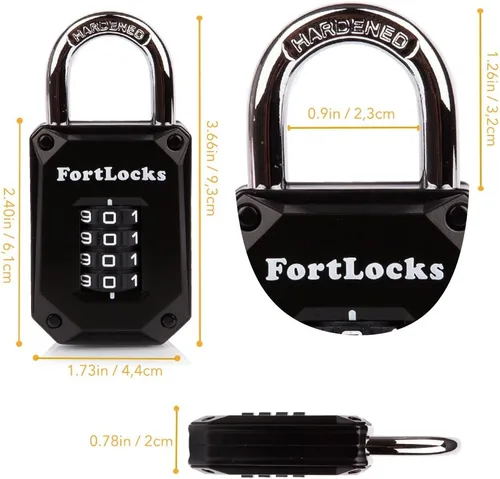 Vista 2 de FortLocks - Candado de combinación de 4 dígitos, resistente, de acero inoxidable endurecido, resistente a la intemperie y al aire libre, fácil