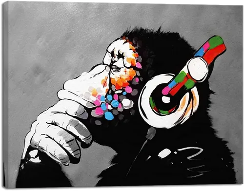 Vista 9 de Wieco Art Marco Negro Mono con Auriculares Banksy Arte de Graffiti Abstracto Pinturas en Lienzo Impresiones Arte de Pared en Lienzo de Animales