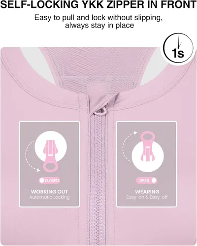 Vista 3 de Yvette Sujetadores deportivos de alto impacto para mujer, con cremallera frontal, brasier deportivo de talla grande para entrenamiento, fitness