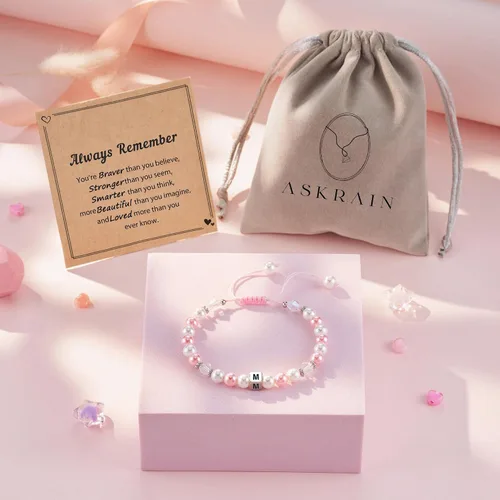 Vista 6 de ASKRAIN Pulsera de perlas rosas y blancas de cumpleaños para niñas
