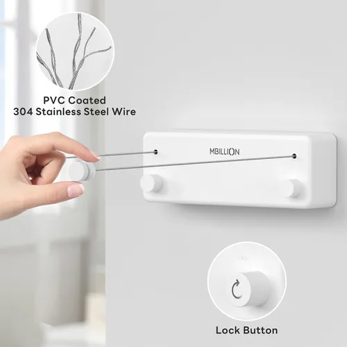 Vista 3 de Mbillion Tendedero retráctil de acero inoxidable de 13.8 pies, línea de ropa doble retráctil para interiores, resistente, línea de lavandería