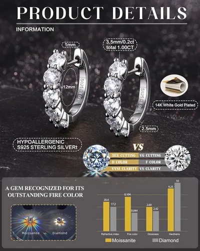 Vista 4 de Moissanite Hoop Earrings,2.0ct D Color 14K Gold Plated Brilliant Round Cut Earrings S925 Sterling Silver Huggie Earring for Women Men