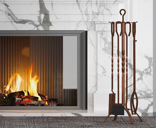 Vista 7 de Fire Beauty Juego de 5 herramientas para chimenea, accesorios de chimenea, soporte de herramientas con asas, herramientas para decoración