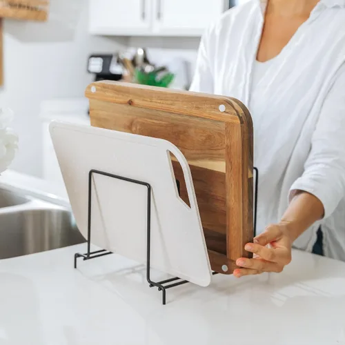 Vista 8 de KitchenEdge Juego de tablas de cortar anidadas, 2 piezas, acacia Tabla de cortar de fibra de arroz, pies antideslizantes, ranura para jugo