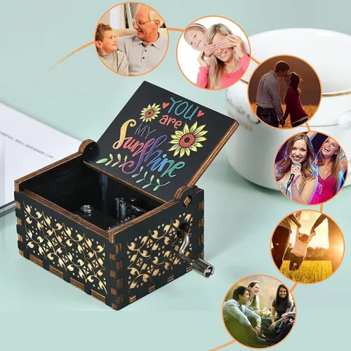 Vista 4 de Caja de música de madera, instrumento musical de manivela de madera con melodía "You're My Sunshine", regalo para familiares, amigos, amantes