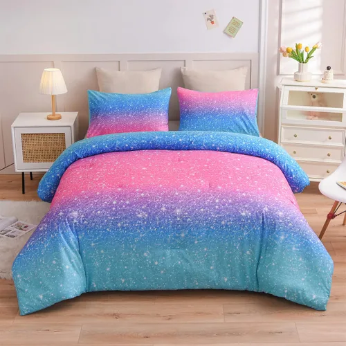 Vista 9 de A Nice Night Juego de ropa de cama de 6 piezas con purpurina degradada para niñas, tamaño completo, juego de edredón colorido de galaxia arcoíris