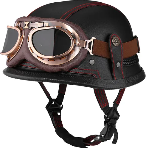Vista 8 de Yesmotor - Casco de media cara estilo retro alemán de cuero hecho a mano con hebilla de liberación rápida y gafas protectoras - Aprobado por DOT