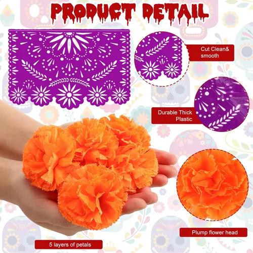Vista 3 de Cartel de fiesta mexicana de Halloween, 124 unidades, papel picado, Día de los Muertos, banderines de fiesta, Día de los Muertos, flores muertas