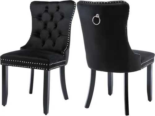 Vista 74 de Juego de 2 sillas de comedor de terciopelo, silla de comedor tapizada de alta gama con tirador de anillo en la espalda, adorno de clavos y patas