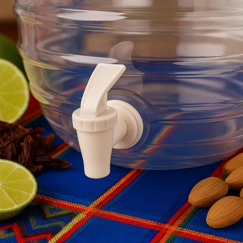 Vista 6 de Jarra de 5 galones con boquilla, dispensador de bebidas mexicanas Vitrolero Tapadera Aguas Frescas de jugo de agua, recipiente transparente de 20 L