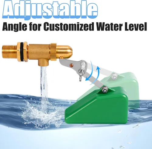 Vista 5 de Válvula de flotador de 1/2 pulgada, válvula de flotador de llenado automático para piscina, verde Adjuatable Arm, Brass Valve & Plastic Float