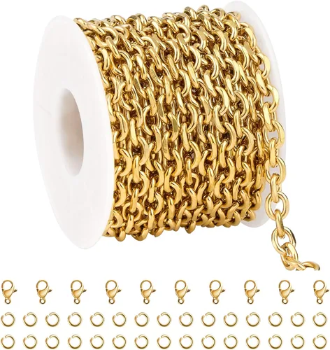 Vista 8 de UMAOKANG - Cadenas de acero inoxidable chapadas en oro de 16.4 pies para fabricación de joyas 1.0 cable de oro