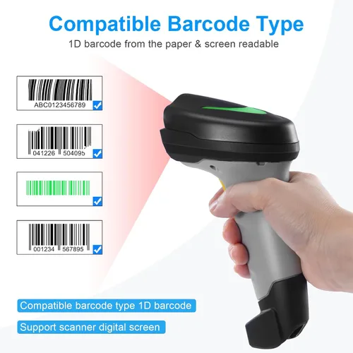 Vista 3 de Escáner de código de barras inalámbrico, lector de código de barras 1D con soporte, 2.4G inalámbrico y conexión por cable USB, escáneres de código
