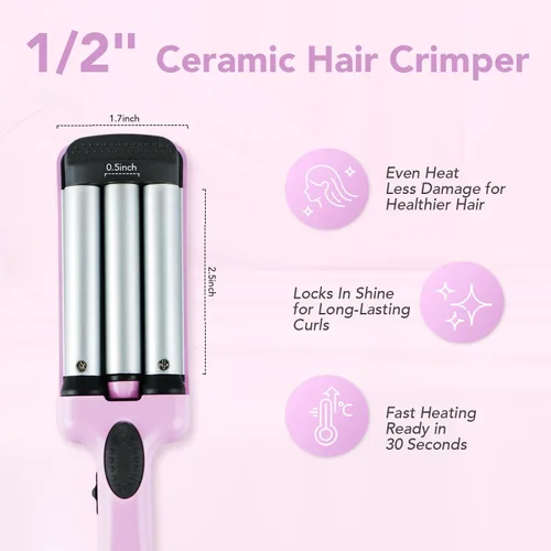 Vista 4 de Mini rizador de pelo, rizador de 3 barriles de 1/2 pulgada con doble voltaje, rizador de playa de viaje para cabello corto a mediano, morado
