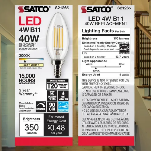 Vista 8 de Satco S21265 - Bombilla LED B11 de 4 W, 3000 K (2 bombillas)