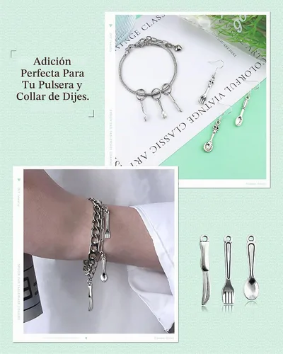 Vista 6 de JIALEEY 100 piezas de cuchillo tenedor, cuchara, sartén, vajilla, abalorios, collares, colgantes para bricolaje para fabricación de joyas