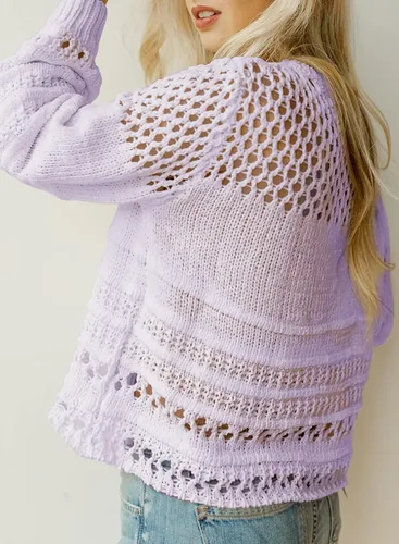 Vista 3 de Dokotoo Suéter de manga larga tipo farol para mujer, cuello redondo, de ganchillo, con huecos, suéter de punto
