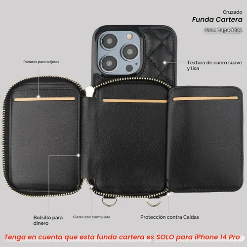Vista 7 de Bocasal Funda tipo cartera cruzada para iPhone 14 Pro, con bloqueo RFID, de Negro