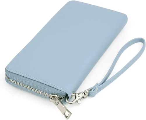 Vista 8 de UTO Cartera de cuero con cremallera alrededor de tarjetero organizador de pasaporte para damas con cartera de viaje con correa de muñeca