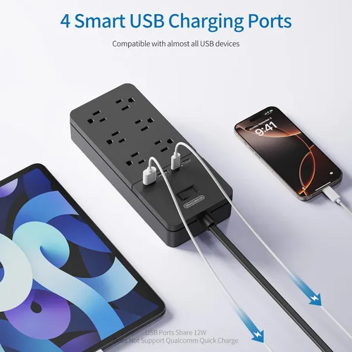 Vista 4 de Protector de sobretensiones de 2 puntas con cable de extensión de 10 pies, adaptador de toma de 2 puntas a 3 puntas NTONPOWER con 6 tomas y 2