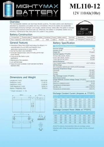 Vista 6 de Mighty Max 12 V 110 Ah SLA sustituye a labvolt Solar/Energía Eólica entrenamiento 46120 – 00 producto