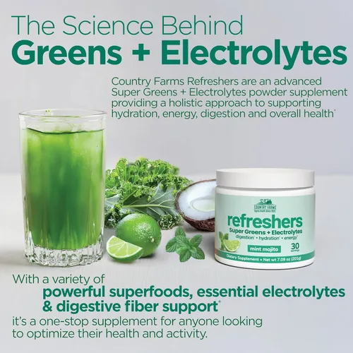 Vista 5 de COUNTRY FARMS Refrescantes, Súper Verdes y Electrolitos, Minerales Esenciales y Superalimentos, Soporte de Hidratación, Promueve Energía Natural