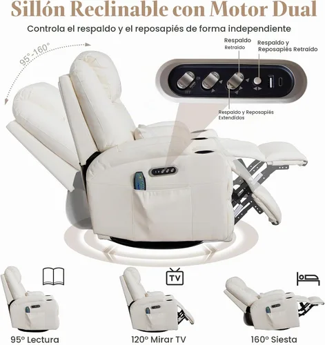 Vista 6 de AHMED Silla reclinable giratoria de doble motor, piel sintética, color Beige
