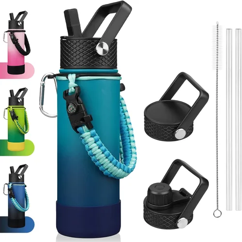 Vista 46 de BJPKPK - Botella de agua con tapa de popote, botellas de agua aisladas de 18 onzas con 3 tapas, asa de cuerda de paracaídas y base antideslizante