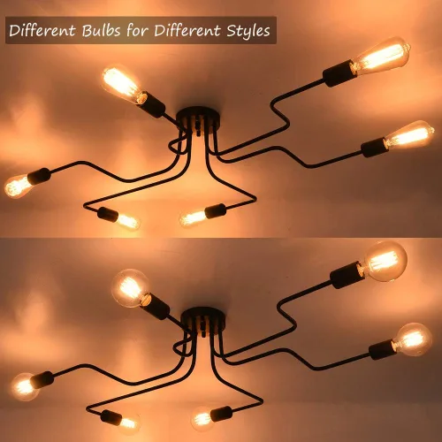 Vista 7 de Lingkai Sputnik - Lámpara de techo de 6 luces, lámparas industriales de metal negro Sputnik semiempotradas para sala de estar, comedor, vestíbulo