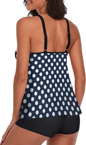Vista 3 de Omichic Trajes de baño tankini para mujer, de dos piezas, camiseta larga sin mangas con pantalones cortos de lunares, azul marino, talla XXL, marino