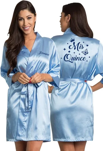 Vista 7 de Zynotti Batas de satén de quinceañera personalizadas con purpurina para toda la familia, bata de quinceañera