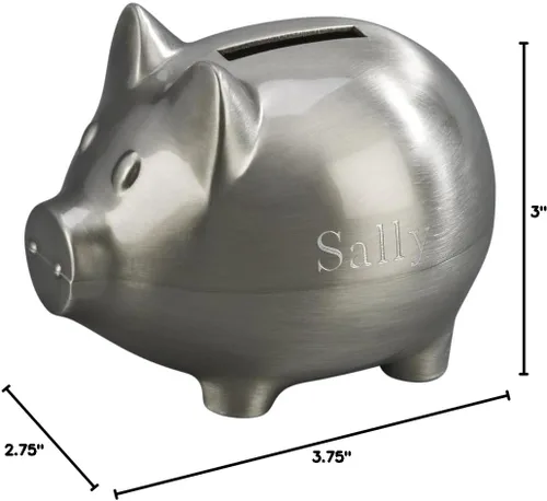 Vista 3 de Creative Gifts International Hucha pequeña de peltre de cerdo Alcancía de plata para niños o recién nacidos Acabado de níquel cepillado 3 x
