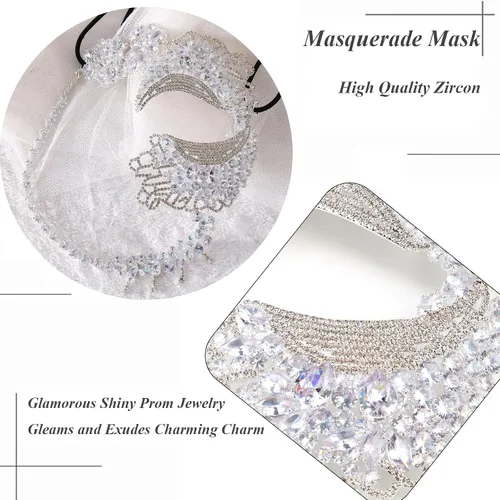 Vista 6 de STONEFANS Máscara de mascarada para mujer, máscara de Mardi Gras veneciana plateada con diamantes de imitación, disfraz de mascarada para mujer