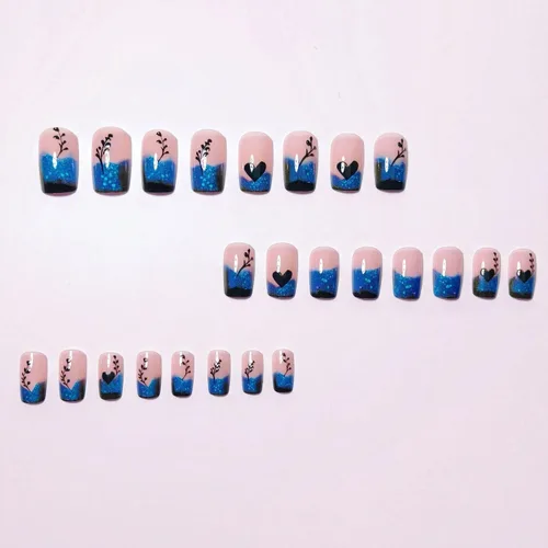 Vista 3 de Uñas postizas a presión con punta francesa degradada azul, uñas postizas cortas con forma cuadrada, diseño de corazón, diseño de amor, uñas postizas